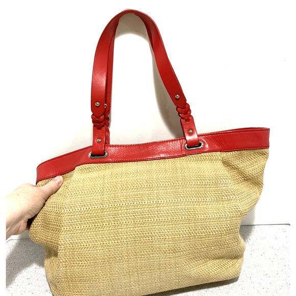 Cole Haan Woven Shoulderbag Purse Casual Bag Tan and Coral Red Beachy Resort - Picture 5 of 10